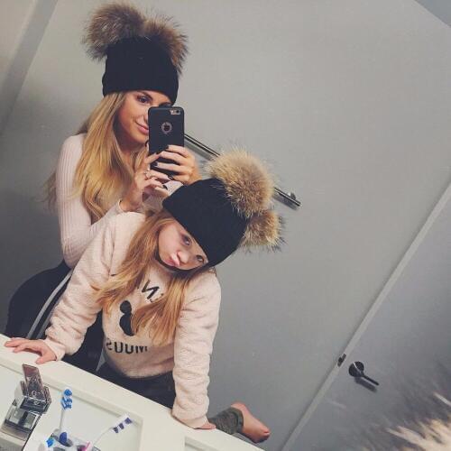 Fashion Parent-child Caps Cute Infant Baby Pompon Winter Hat Double Fur Ball Hat Mother Kids Warm Knitted Hat Newborn Beanie Cap