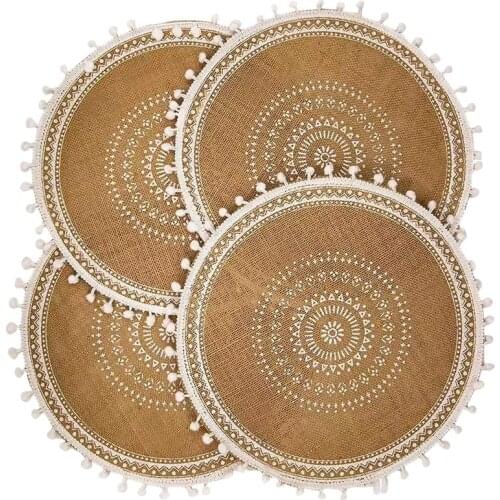 Round Placemats Set of 4,Boho Woven Jute Table Mats with Pompom Tassel for Dining Room Kitchen Table Decor