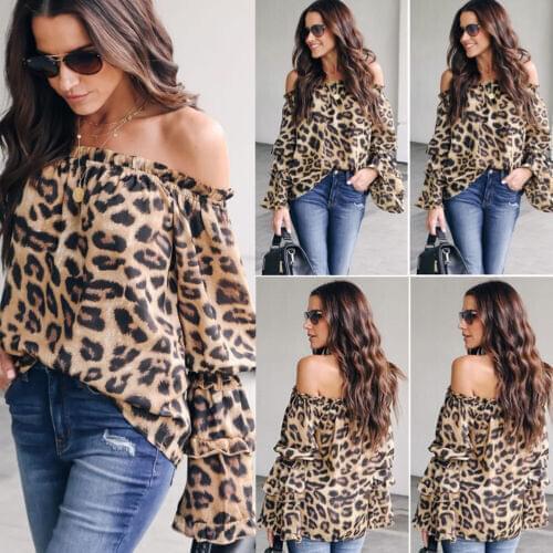 New Hot Women Off Shoulder Shirt Long Sleeve Blouse Leopard Printed Ladies Tops Blouse Korean Style Streetwear