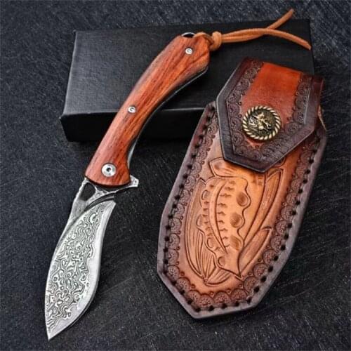 VG 10 Maxi leather Dog Leg Folding Knife Particle Sandalwood Handle Camping Survival Outdoor EDC Tool Gift For Men Gift For Men