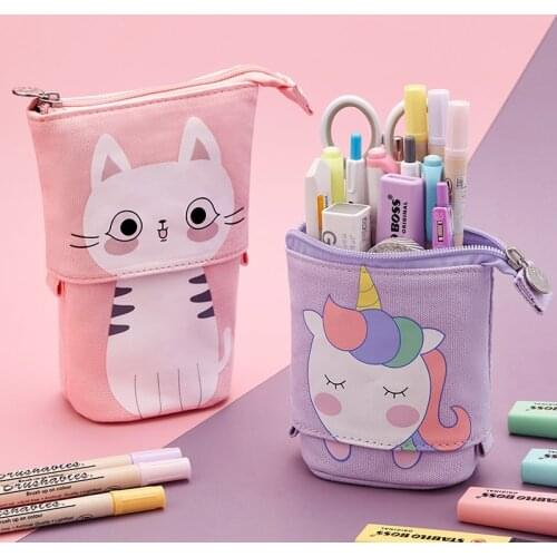 Creative Retractable Kawaii Cat Pencil Case School Stationery Bag Pencil Cases Canvas Big Cute Pen Holder Gifts for Kids Pen Bag