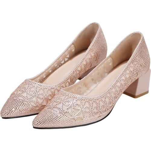 Shoes Square Heel Women Pointed Toe Pumps Fashion Gray High Heels Flock Leather Black Party Shoes Plus Big