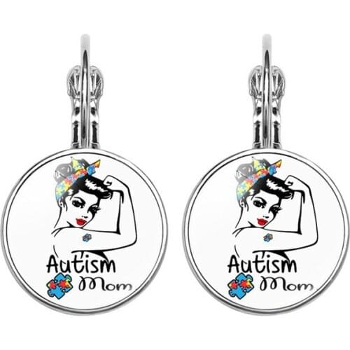 Autism Awareness Drop Earrings Glass Dome Art Picture Fish Hook Earrings Souvenir Handmade Gift Jewelry