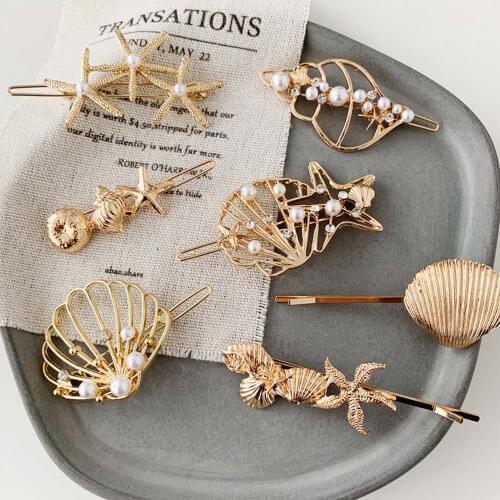 1Pcs Golden Metal Shell Hollow Starfish Conch Pearl Hair Grip Hairpin Hair Ornament Hair Accessories For Women Beach Vacation