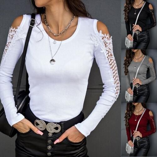 Casual floral lace cold shoulder black white O Neck crew neck long sleeve plain t shirt top women woman tshirts Slim Tee C223