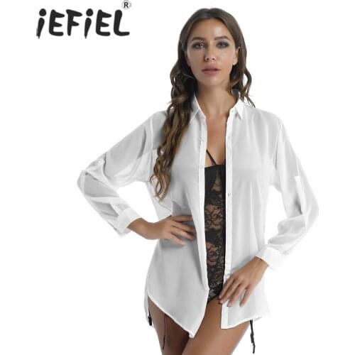 Women See-through Casual Chiffon Shirt Tops Long Sleeve Blouse Bikini Cover Ups with G-string Underwear Sissy Nightwear Clubwear