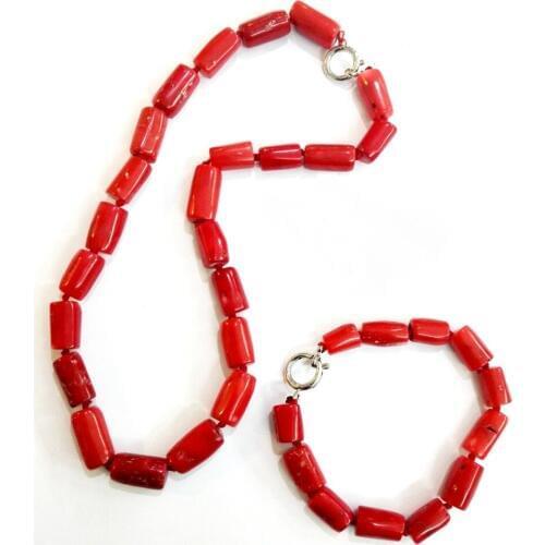 Woman jewelry Natural Red Coral Bead Cylinder Choker Necklace Bracelet Jewelry set