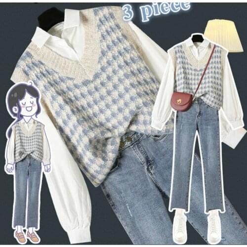 Women Sets 3 Pieces Outfits Plus-size 3XL Elegant Fashion Office Ladies Simple All-match Shirt Retro Knitted Vest Straight Jeans