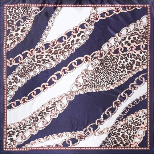 POBING Women Scarf Luxury Leopard Chain Print Hijab Silk Satin Shawl Foulard Square Head Scarves Lady NeckChief Wraps 90x90CM