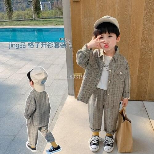 2021 Spring Childrens Plaid Shirts Pants Clothing Sets Handsome Boys Casual Lapel Shirt Trousers 2pcs Outfits