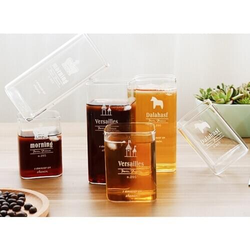 280ml/420ml Creative cartoon pattern handmade cups Glass transparent milk cup teacup Square single layer water cup Breakfast cup