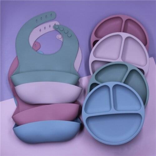 4pcs BPA Free Baby Silicone Tableware Waterproof Bib Solid Color Dinner Plate Sucker Bowl Spoon For Children