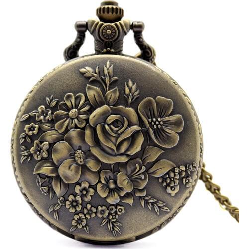 Elegant Retro Bronze Bloom Flowers Women Quartz Pocket Watches Pendant for Ladies Vintage Fob Necklace Chain Clock Best Gifts