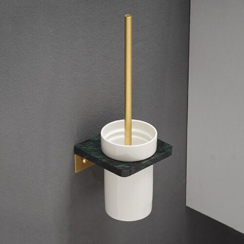 Brushed Gold Marble Bathroom Toilet Brush Brass Wall Mounted Cleaning Brush Holder Ceramic Cup Bathroom Accessories
