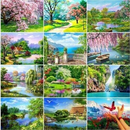 EverShine Diamond Painting Cross Stitch Landscape Full Square Diamond Embroidery Lake Tree Bead Picture Kits Art Home Decor