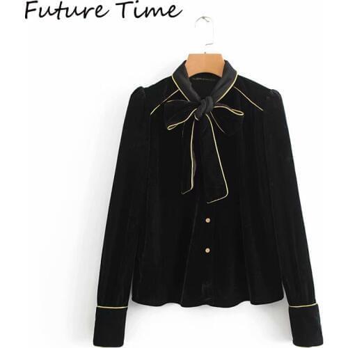 Future Time Autumn Velvet Black Women Blouse Loose Long Sleeve Single-Breasted Women Shirts With Bow Vintage Female Clothing