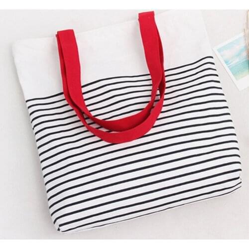 Cotton Stripe Canvas Shopping Tote Shoulder Carrying Bag Eco Reusable Bag Zippered Small Shopping Bag