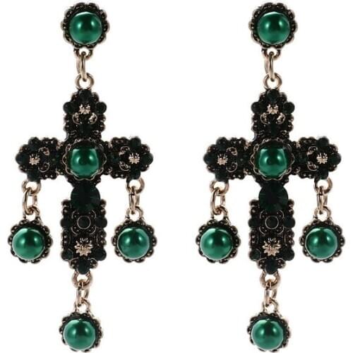 Fashion Retro Dangle Earrings for Woman Antiqued Gold Color Cross Pendant Green Simulated Pearls Long Drop Earrings Jewelry