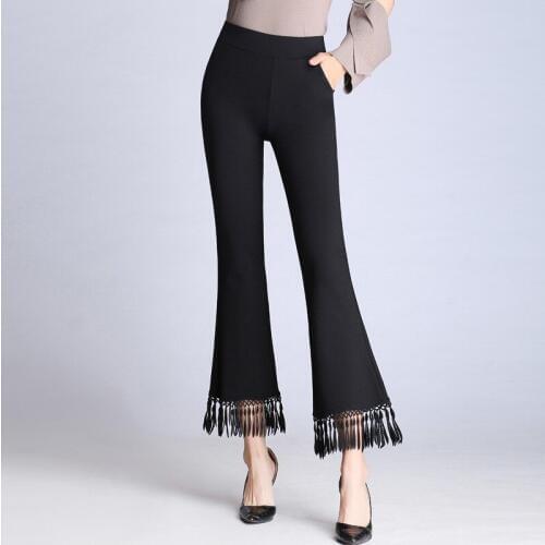 Fashion Women Tassels Flare Pants High Waist Slim Fit Office Ladies Ankle Length Pants Plus Size 9XL Classic Black White Pants