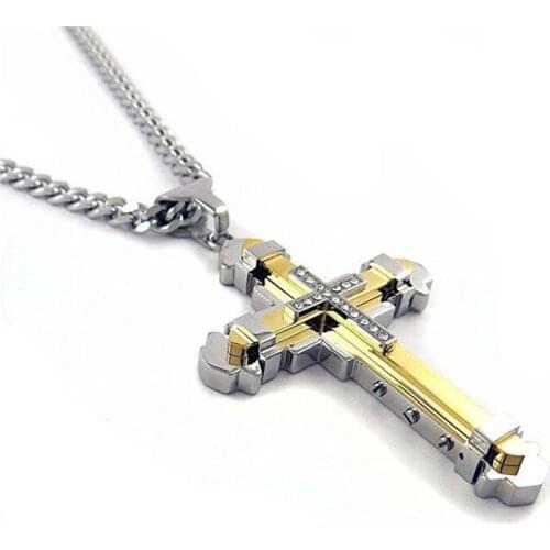 Hip Hop Punk Gold Black Men Necklaces Jewelry Gift Jesus Crystal Cross Pendant Necklace For Women Men 50cm Steel Titanium Chain