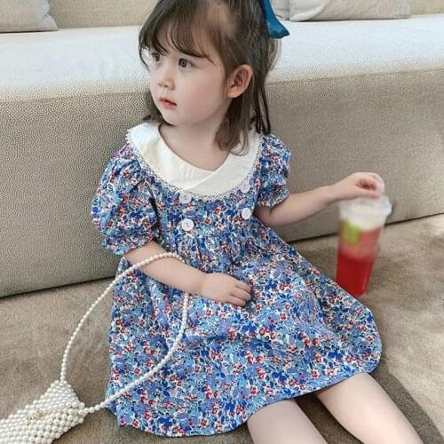 Girls' Korean Style Bubble Sleeve Dress Sweet For Baby Kids Floral Retro Princess Clothes
