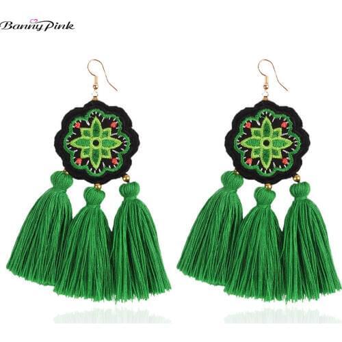Banng Pink Bohemia Layer Cotton Tassel Fringe Earrings For Women Ethnic Geo Cloth Embroidery Statement Pendant Dangle Earrings