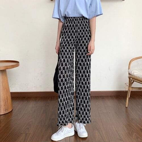 Vogue Letter Print Wide Leg Womens Pants causal loose pleated Trousers elastic High Waist Pop New summer Female Streetwear