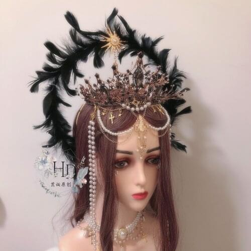 Gorgeous Chain Hair crown Hair Accessories Cosplay Women Dark Halloween Headdress Princess Lolita Halo Angel Feather Wing Virgin