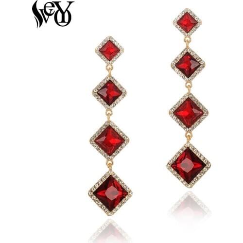 VEYO Long Party Crystal Dangle Earrings Block Chain Rhinestone Drop Earings for Women Pendientes Jewelry Accessories