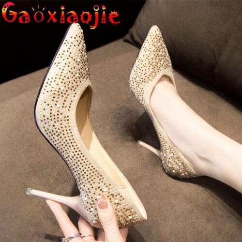 Women Shoes 2021 New Simple Fashion Shallow Mouth Party High Heels Glistening Diamond Pointed End Comfortable Career Pumps Shoes