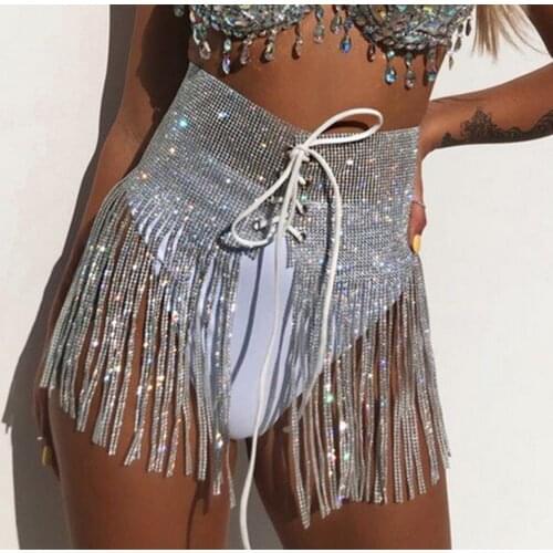 Women Sexy Fashion Bandage Split Bodycon Empire Sequins Tassels Mini Skirts High Waist Lace-up Skirts