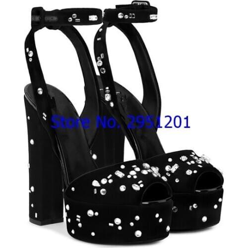 Women Summer Platform Sandals Woman Suede High Heels Shoes Mujer Thick Bottom Strap Party Shoes Ladies Chunky Beaded Pearl Shoes