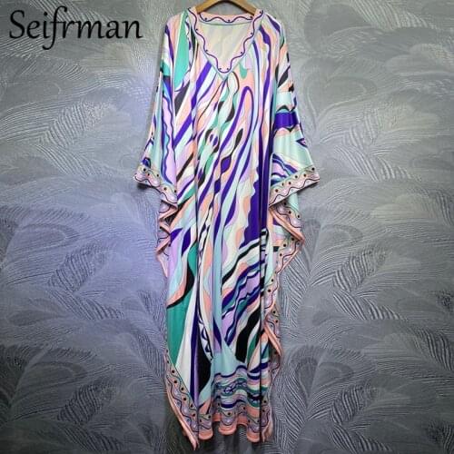 Seifrmann Women Summer Fashion Runway Maxi Dress Batwing Sleeve Geometric Printed Loose Ladies Holiday Boho Long Dresses 2021
