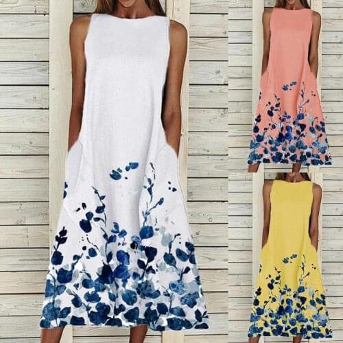 Casual Women Dress Sexy Summer Sleeveless Dress for Women Ankle-Length Beach Dress Women Loose Floral Print Hem A-line Dress