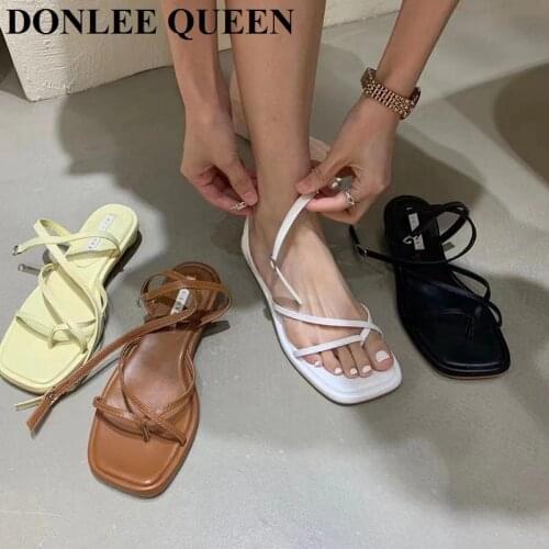 2021 Fashion Brand Sandals Low Heel Lace Up Gladiator Sandal Back Strap Summer Shoes Women Casual Narrow Band Sandalias De Mujer