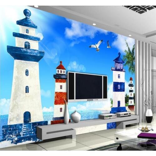 Mediterranean Style 3D Cartoon Lighthouse Sea Landscape Photo Mural Wallpaper Living Room Kids Room Non-Woven Wallpaper Fresco