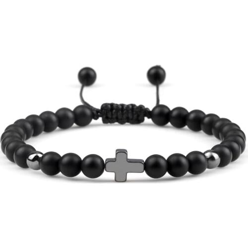 6MM Natural Stone Braided Bracelet High Quality Hematite Cross Pendant Adjustable Bracelet Couples Prayer Bangle Jewelry Healing