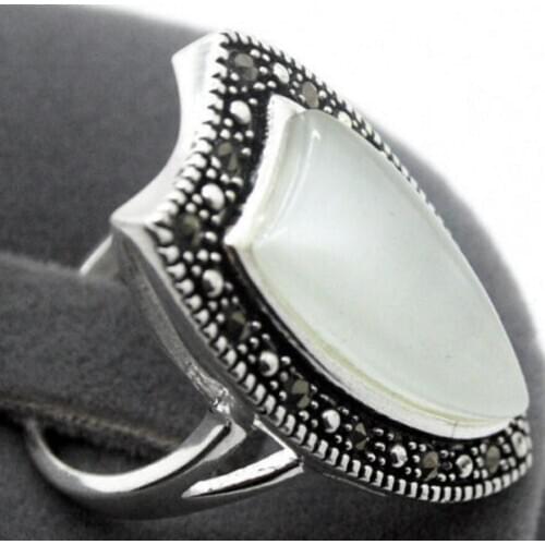 Free Shipping wholesale good 14*26mm VINTAGE NATURAL DROP WHITE OPALS 925 SILVER RING SIZE 7/8/9/10