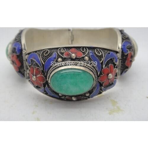 Wholesale ^^Chinese hand inlay natural green old tibet- enamel cloisonne bracelet