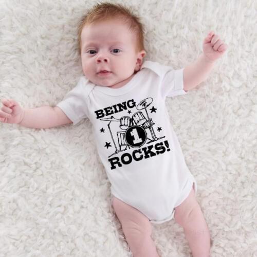 DERMSPE Summer New Casual Newborn Baby Boy Girl Short Sleeve Letter Print Being Music Rocks Romper Baby Clothes White
