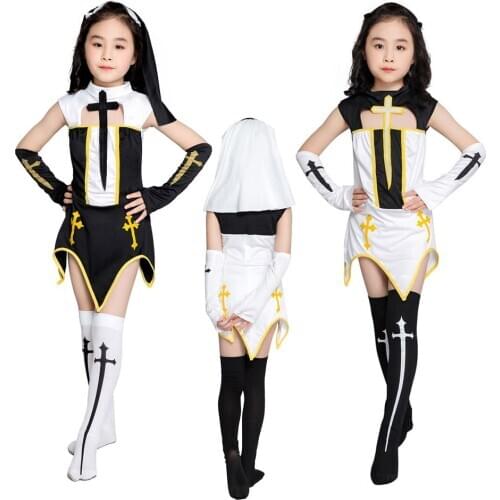 Kids Child Girls Nun Costume for Teen Girl Sister Role Play Cosplay with Stockings Halloween Carnival Costumes Free Delivery