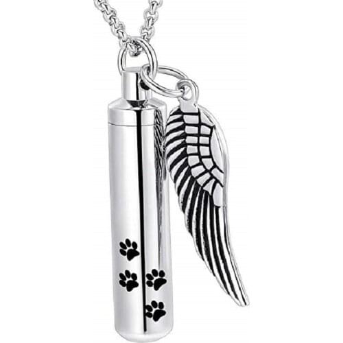 JJ003 Paw Print Cylinder Urn Necklace With Angel Wing Charm For Dog/Cat Funeral Keepsake Jewelry Pet Cremation Ashes pendant
