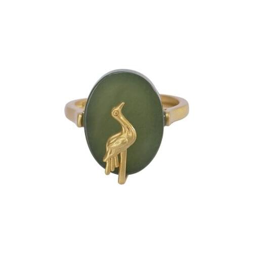 S925 sterling silver gold plated Natural Hetian jade Gray jade Ring Retro Cute Red-crowned crane Ladies Ring