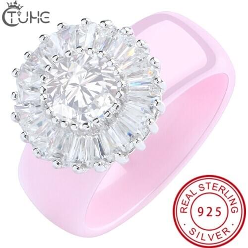 Big Cubic Zirconia Ring Fashion Wedding Jewelry Female Healthy Ceramic Ring Crystal 925 Sterling Silver Ring Party Fast Shipping