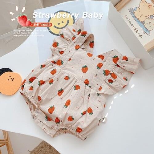 Newborn Infant Girl Summer Romper 2021 New Flying Sleeve Cotton Suspender Jumpsuit Toddler Strawerry Print Bodysuit Clothes