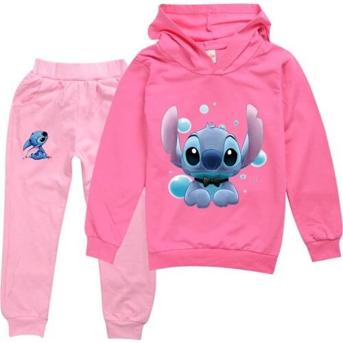 Disney Stitch Boys Girls Hoodies Pants Suit Cartoon Childrens Clothing Sweatshirts Casual Fashion Pullover Jogging Pant