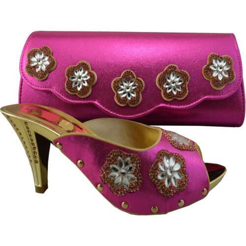 Beautiful African shoes match handbag set with rhinestone flower decoration for dress 1308-L36 fuchsia, high heel 8cm