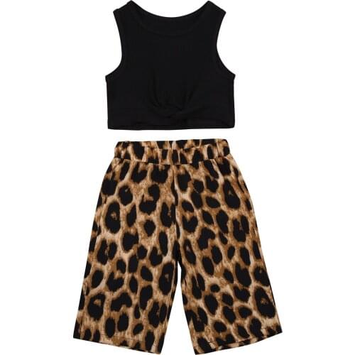 Citgeett Summer 2Pcs Kids Baby Girls Solid Color Sleeveless Tops + Leopard Print Short Pants Suit Clothes Set 2-7Years
