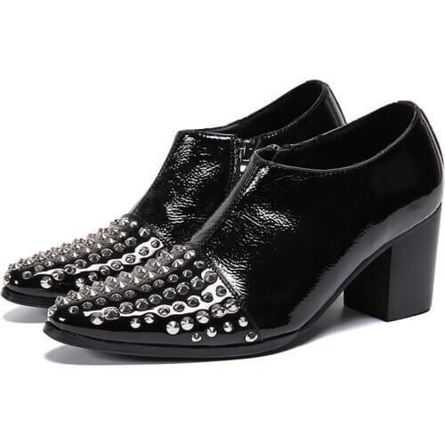 2020 Fashion Italian Vestidos Dress High Heels Oxford Shoes For Men Black Bona Cow Patent Genuine Leather Studded Luxury Shoes
