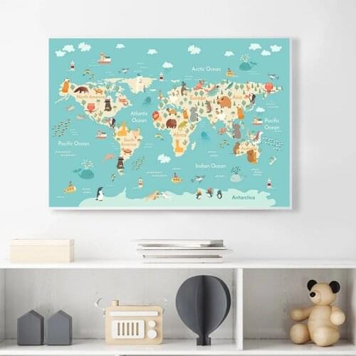 Cartoon Animal Ocean World Map Child Poster Nursery Canvas Print Baby Enlightenment Wall Art Picture Painting Kid Bedroom Decor